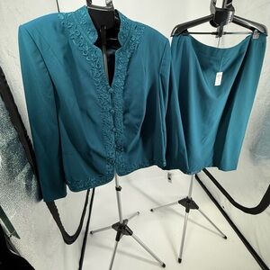 Women JOHN MEYER 2PC Dark Teal Lined Sz 22W Skirt Suit Embroidered Church NWT